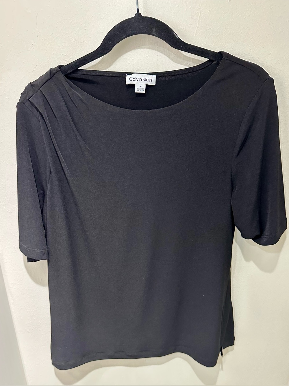 Calvin Klein Black Short Sleeve Pleated Shoulder Top